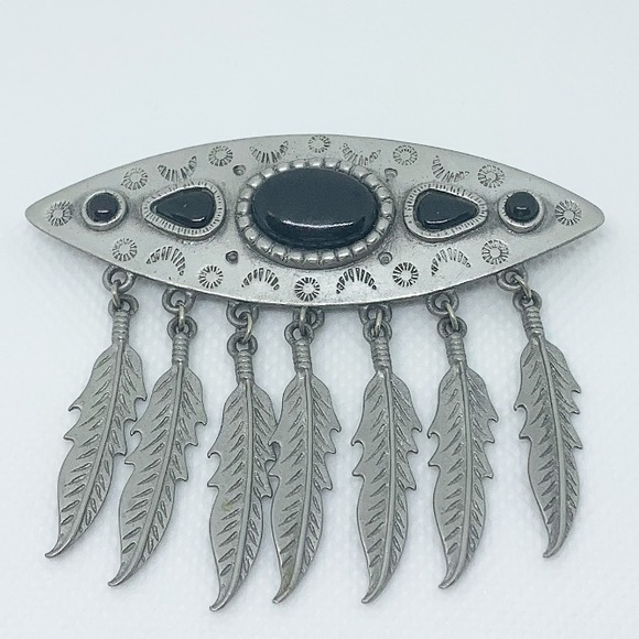 Silver Western Faux Onyx and Feather Brooch - Picture 1 of 3